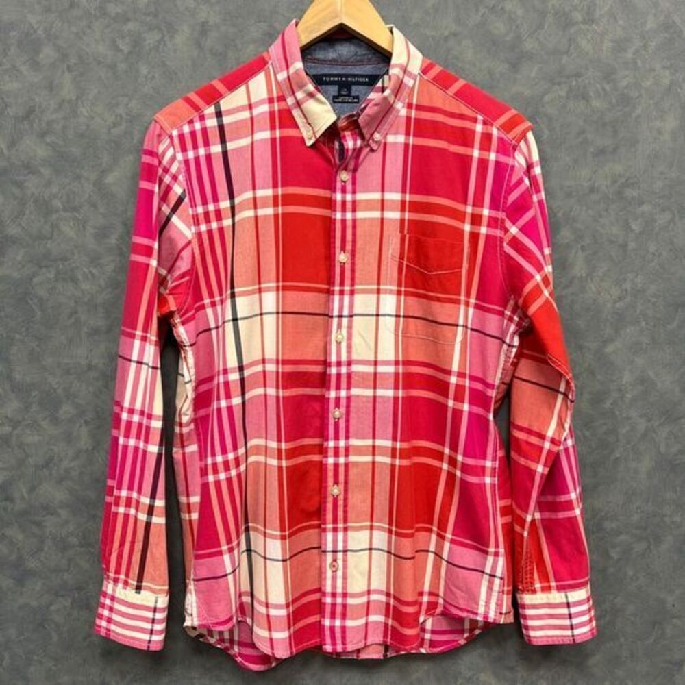 Tommy Hilfiger Custom Fit Red/Pink Plaid Button Down Shirt Long Sleeve Casual L